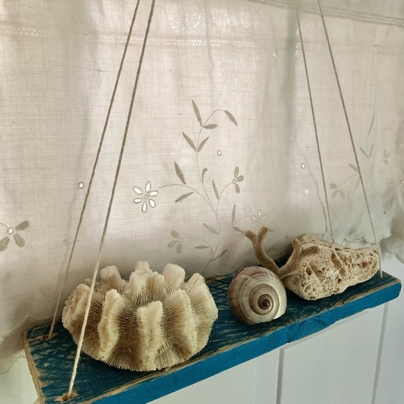 Rustic Distressed Nautical Blue Reclaimed Wood Hanging Wall Shelf - Picture 6 of 7